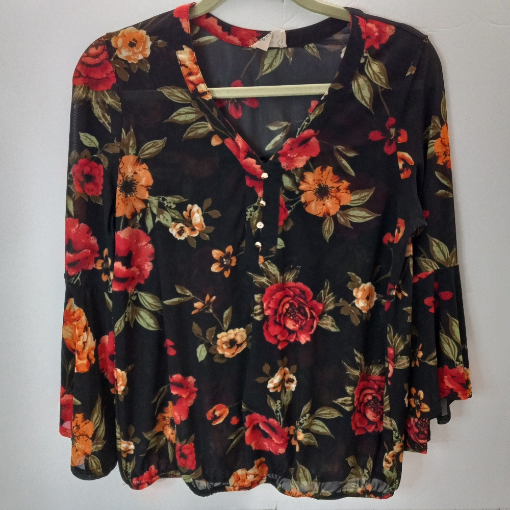 Ember Floral Mesh Fairycore Bell Sleeve Blouse